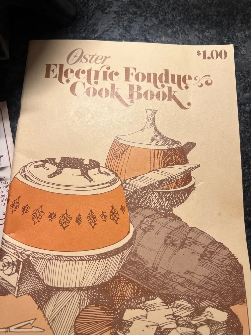 Vintage Oster MCM Harvest Gold Electric Fondue Set with Black Lid and Handle.